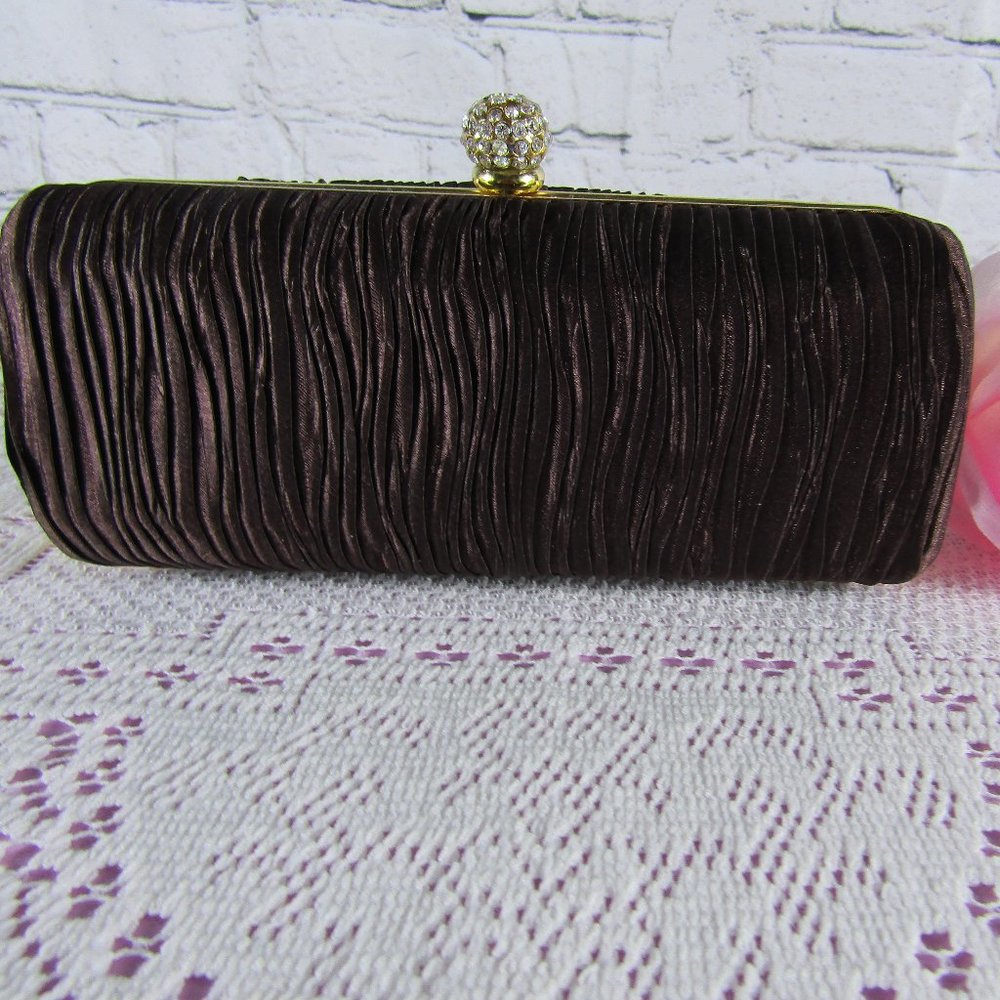 J. Furmani Brown Satin Hard Case Evening Clutch With Rhinestone Closure